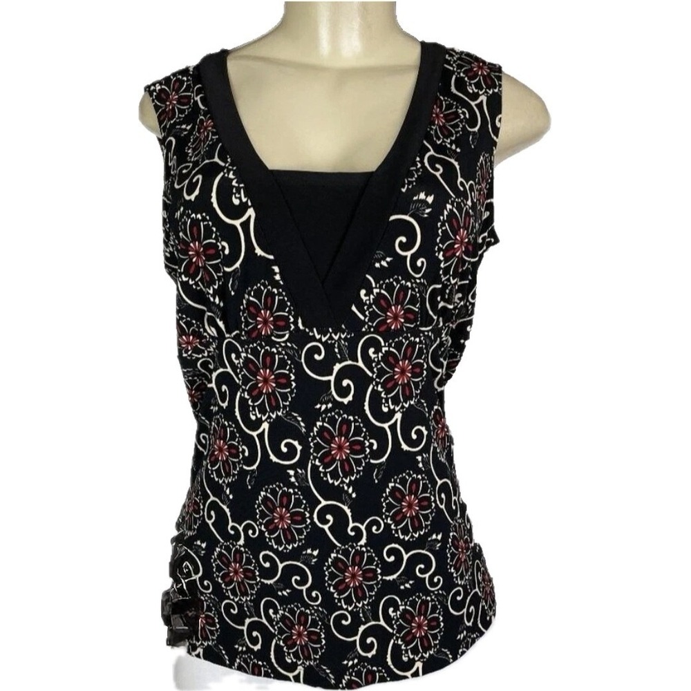 Perception Concept M Black Red Floral Medallion Print Sleeveless V-Neckline Top - Picture 2 of 7
